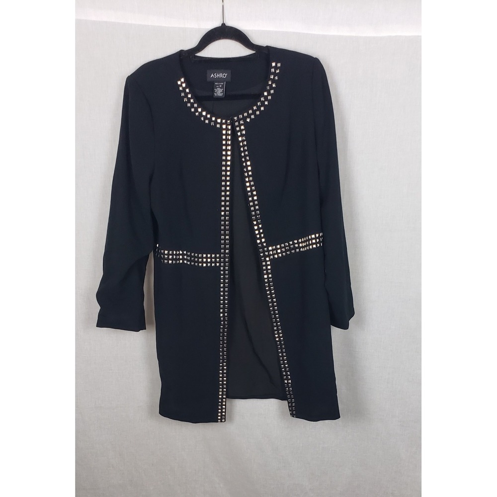 Ashro Women Black Studded Longline Jacket Silver Square Studs 14 Edgy Formal